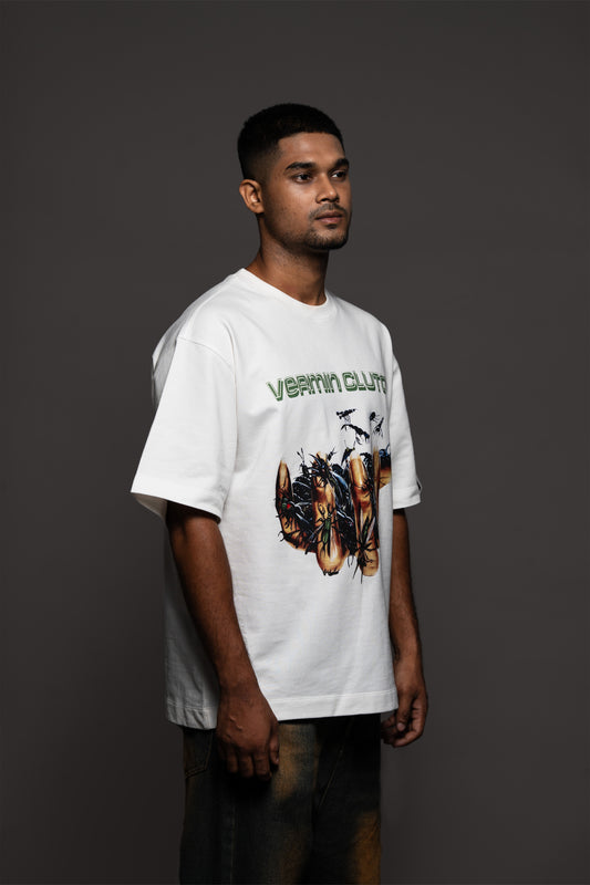 White Vermin Clutch Oversized T-Shirt – 240 GSM Cotton | Bostrowear