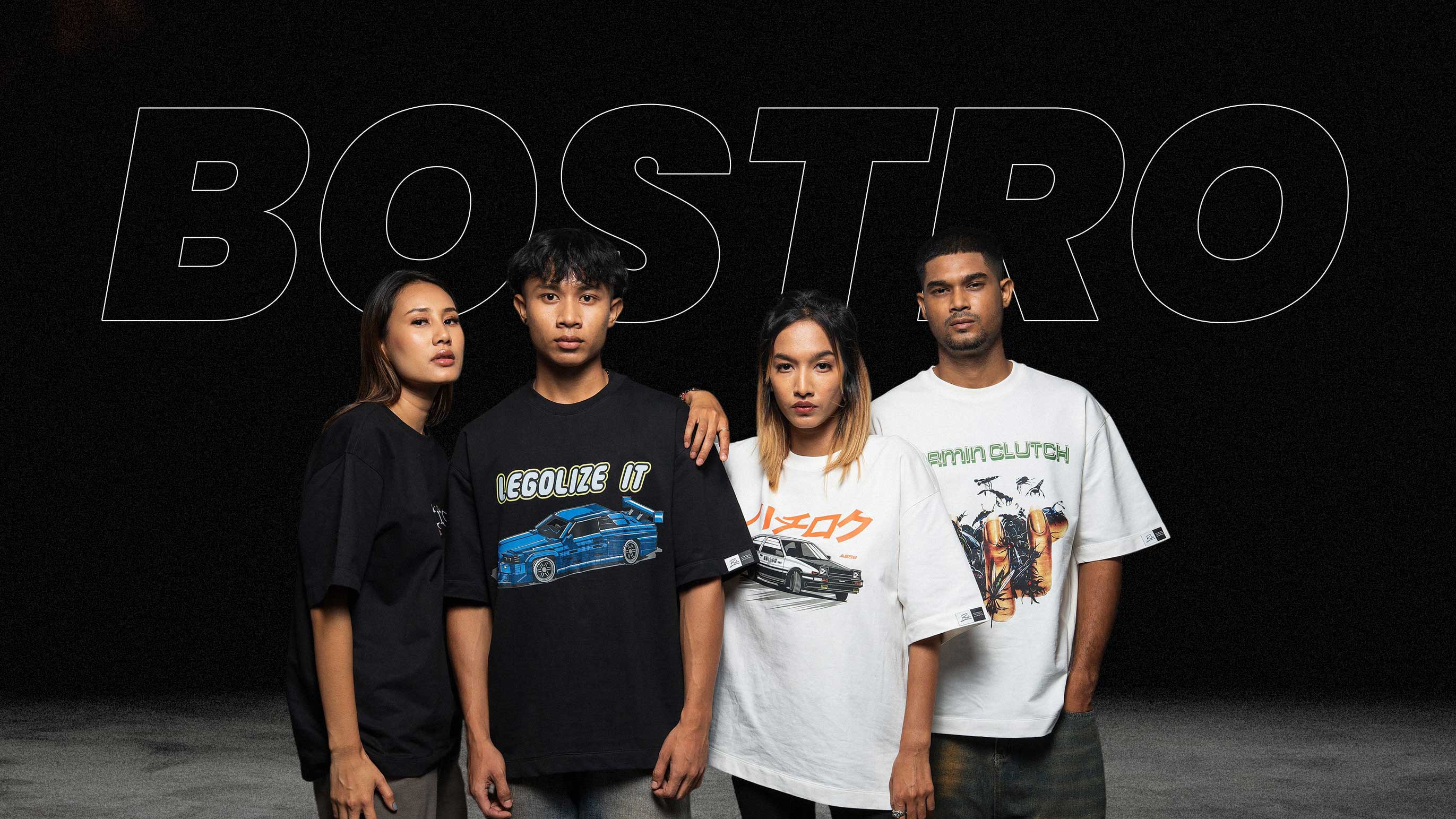 Four people wearing t-shirts with visible branding against a dark background with 'BOSTRO' logo.